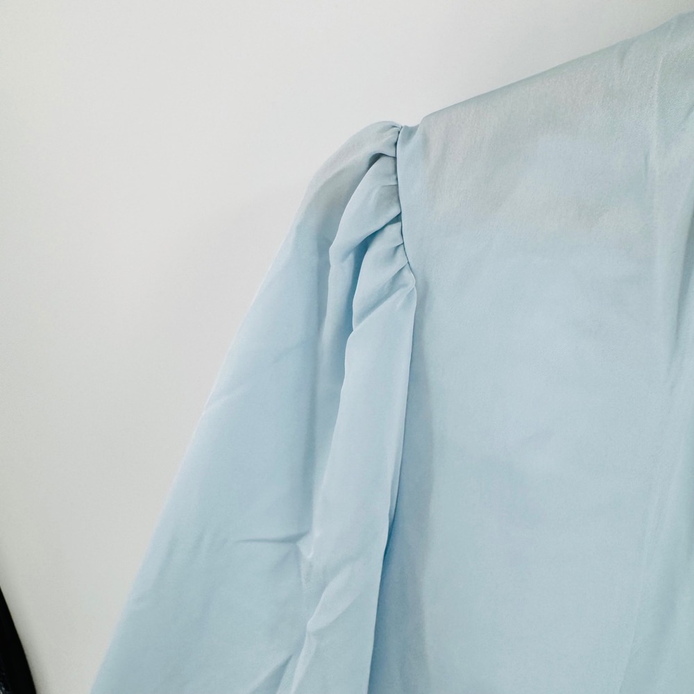 H&M Blouse Light Blue Stand Collar Puff Sleeve Polyester Pullover Top Size M - Picture 7 of 9